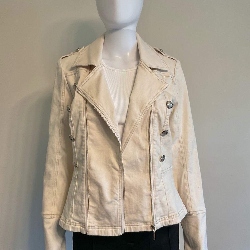 White House Black Market Stretch Denim Moto Jacket~Size 6~Parchment~NWOT - Picture 5 of 8